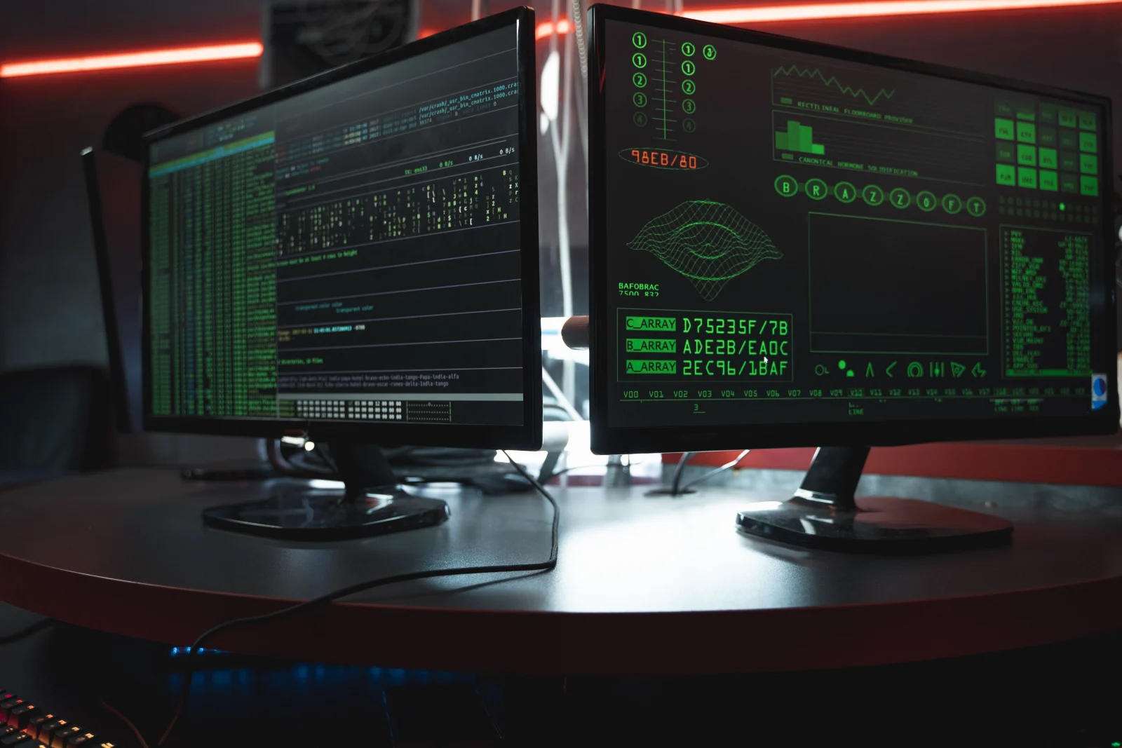 Close-up of dual computer monitors with green coding interfaces in a dark room, highlighting cyber security themes. Close-up of dual computer monitors with green coding interfaces in a dark room, highlighting cyber security themes.